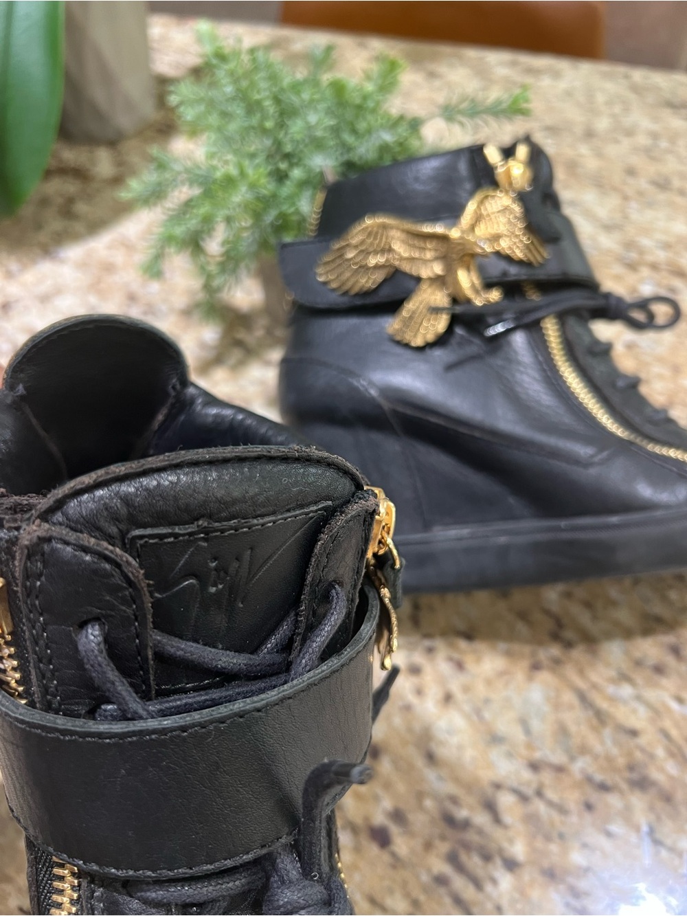 Giuseppe Zanotti Black Wedge Lace-Up Ankle Sneakers with Gold Eagle Emblem 40 - Picture 9 of 11